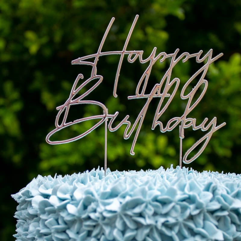Happy Birthday Pretty script Silver metal cake topper