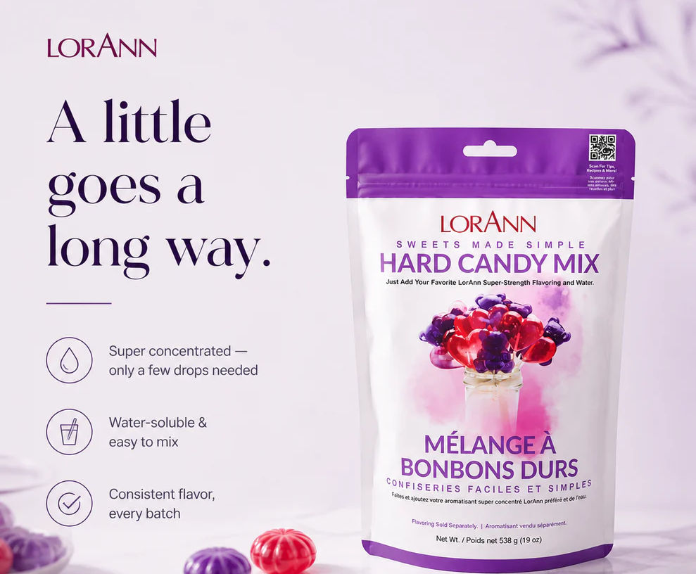 A bag of Lorânn Hard Candy Mix on a light lavender background with marketing text on the left. The package is white and purple with a photo of fruit-flavored candy pieces on the front.