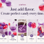 LORANN promotional graphic for creating custom candy gift sets, featuring five vertical panels labeled Hard Candy, Flavor Customizing, Candy Making, Lollipops, and Gifts & Treats, with purple and red candies, lollipops, syrup, and a gift bag on a pale lavender background.