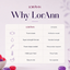 A promotional comparison graphic for LorAnn drops, featuring a table with icons and text comparing LorAnn to others on taste, strength, dosage, heat stability, and mixing. The background is a soft light lavender with blurred candy pieces and a glass in the foreground.