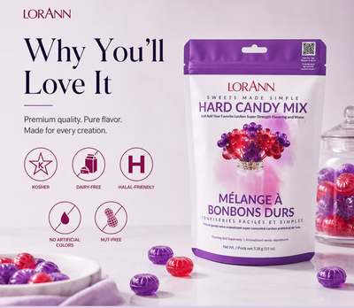 Lorann Hard Candy Mix in a purple and white resealable pouch, shown alongside loose and wrapped candy pieces on a clean white surface with marketing text and icons on the left.