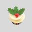 A decorated cupcake topped with white frosting, a green holly leaf decoration, and three red berries, set against a solid gray background.