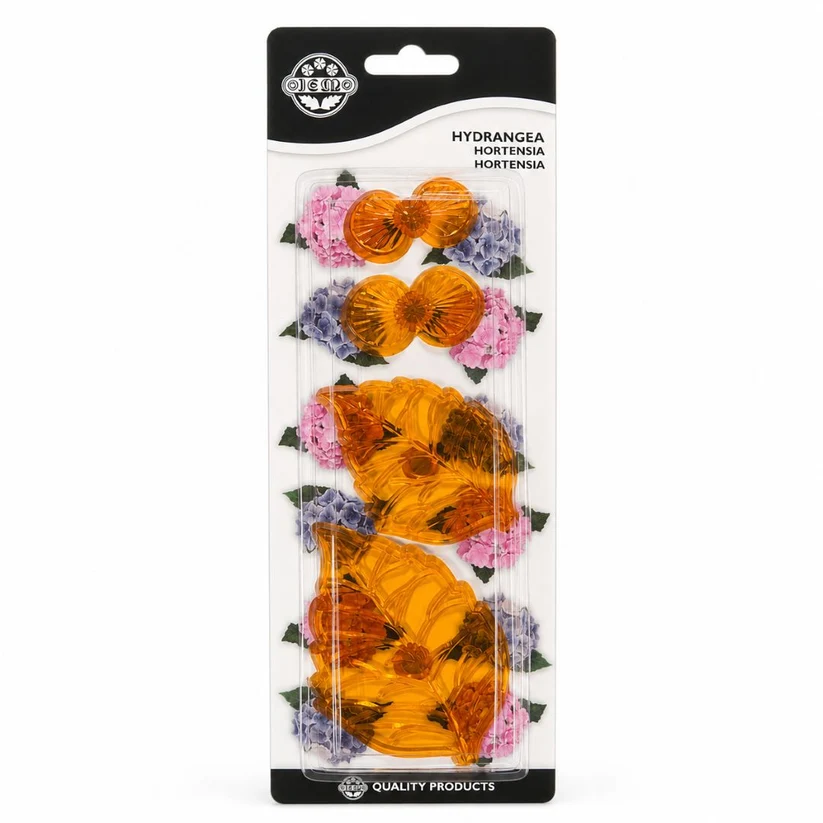 Plastic hydrangea flower petal and leaf cutters. In retail packaging