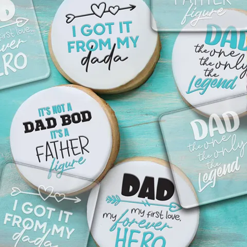 Clear acrylic debosser with cookies made using it. Which read. I got it from my Dad for Father's Day and other dad like sayings