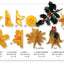 A product diagram for a 3D Christmas set showing seven yellow plastic holiday shapes and their sizes, including star, bell, star/junior, snowflake, candle, bell/junior, and snowflake/candle pieces, with a small holly sprig on a white background.
