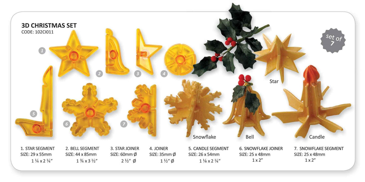 A product diagram for a 3D Christmas set showing seven yellow plastic holiday shapes and their sizes, including star, bell, star/junior, snowflake, candle, bell/junior, and snowflake/candle pieces, with a small holly sprig on a white background.