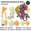 Christmas-themed icing cutters labeled 'CHRISTMAS BAUBLES & BOW' with product code 102CI010 and a 'set of 4' badge. The image shows multiple ornament and bow shapes in orange, cream, purple, red, green, and gold, with dimensions printed below each piece.