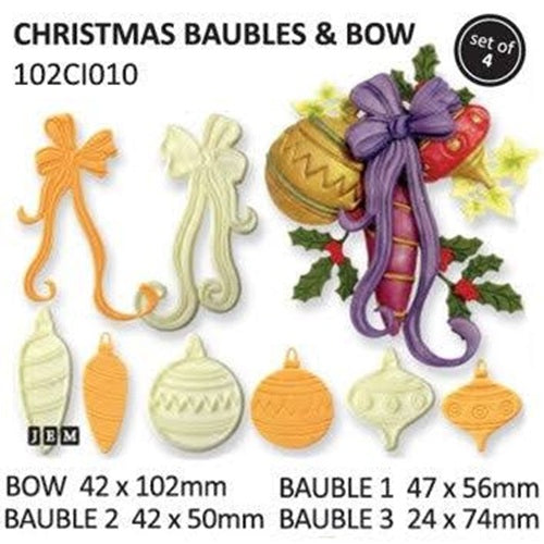 Christmas-themed icing cutters labeled 'CHRISTMAS BAUBLES & BOW' with product code 102CI010 and a 'set of 4' badge. The image shows multiple ornament and bow shapes in orange, cream, purple, red, green, and gold, with dimensions printed below each piece.