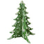 A green Christmas tree-shaped icing decorationwith white faux snow and white circular cutout details, shown against a plain white background.