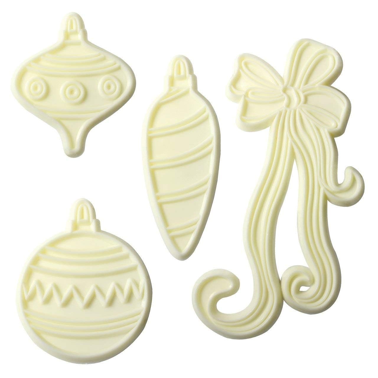 Christmas themed icing cutters. Three bauble shapes and one tied bow shape