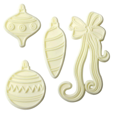 Christmas themed icing cutters. Three bauble shapes and one tied bow shape