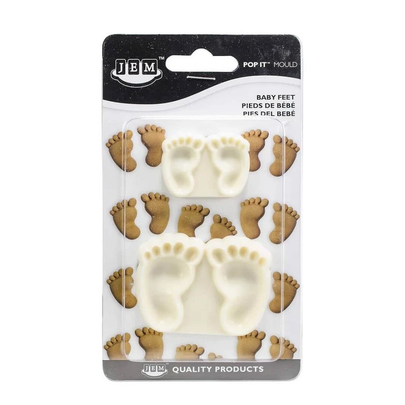 JEM Pop It Baby Feet cutter mould in its retail packaging, featuring two white baby footprints in the center with brown baby footprints around them on the card.