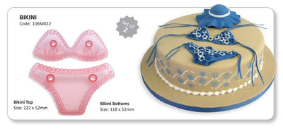 a cake with icing bikini, alongside the Jem icing cutter set to make them