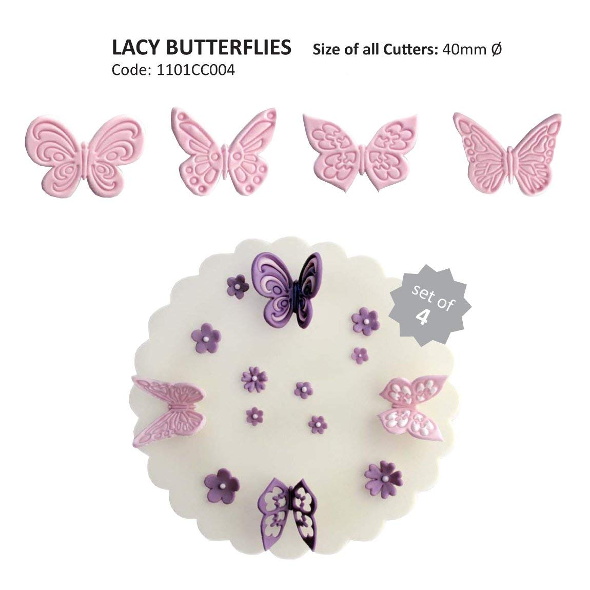 Jem butterfly cutter set 4 along with icing examples on a cake