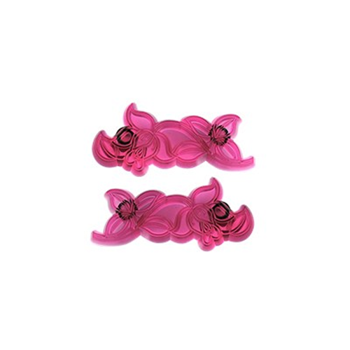 Two pink translucent plastic cutters for a rose scroll design by Jem, shown on a plain white background.