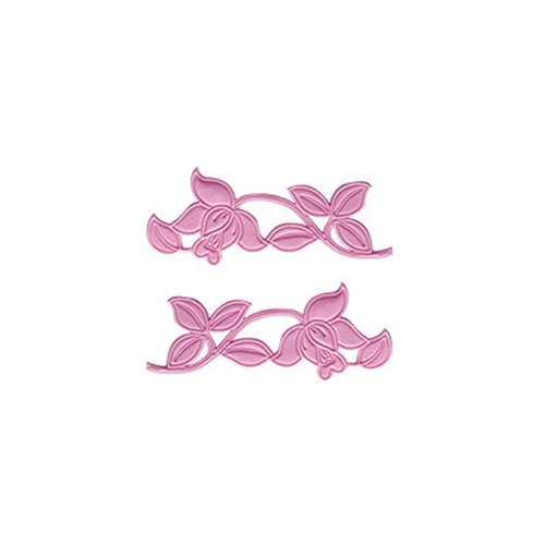 Two pink floral scroll embellishments or embroidery designs made of gumpaste shown on a plain white background.