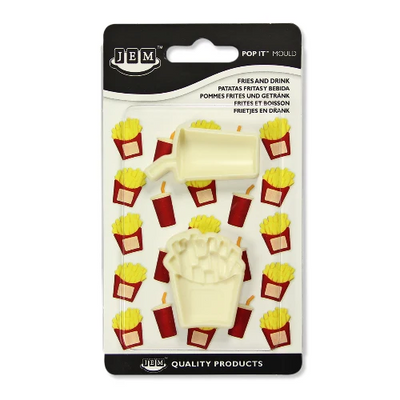 Jem fast food cutter mould set with fries and a drink. In retail blister packaging