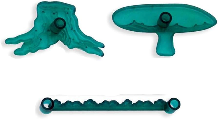 Three translucent teal plastic cutters for gumpaste. To cut a tree trunk, toadstool and grass strip by Jem