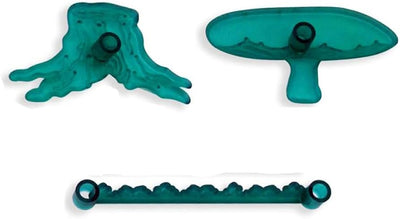 Three translucent teal plastic cutters for gumpaste. To cut a tree trunk, toadstool and grass strip by Jem
