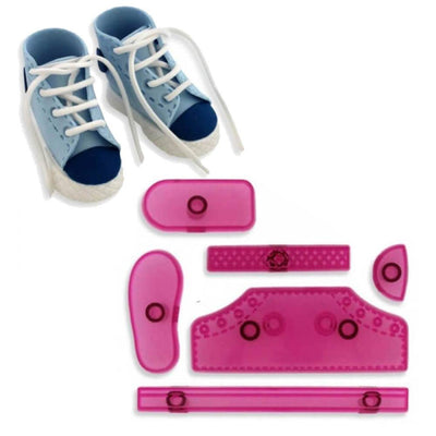 A set of pink-colored cutters for fondant or gumpaste, designed to create a high-top sneaker shape, including a sole, tongue, upper, toe, scuff strip, and band cutters.
