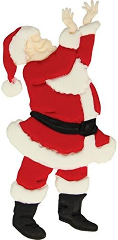 A Christmas-themed dancing Santa Claus costume with a red and white outfit, black belt and boots, and a white beard, shown against a plain white background. Made from gumpaste icing