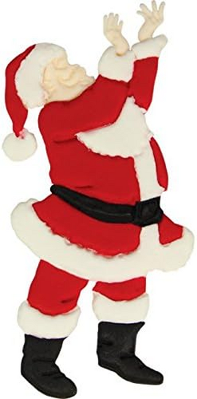 A Christmas-themed dancing Santa Claus costume with a red and white outfit, black belt and boots, and a white beard, shown against a plain white background. Made from gumpaste icing