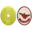 Yellow plastic icing cutter and red Christmas-themed decorative fondant cake topper, made using the plaque cutter on a white background