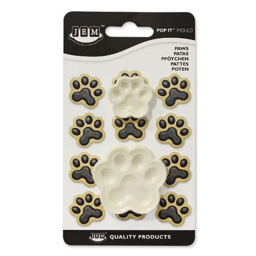JEM brand Pop It Mold set containing 2 pet paw print molds, packaged on a white and black backing card.
