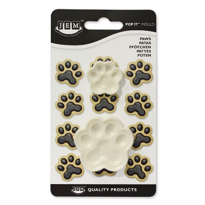 JEM brand Pop It Mold set containing 2 pet paw print molds, packaged on a white and black backing card.