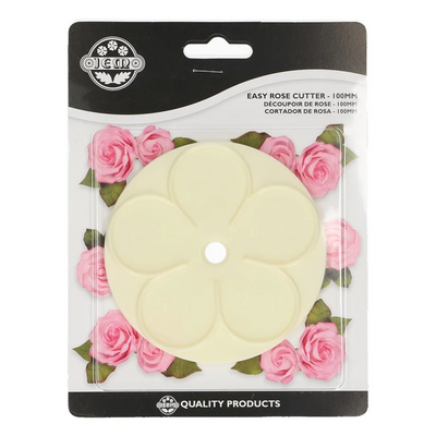 A 100mm circular rose cutter in a pale cream color, packaged in a clear blister pack with a black header card decorated with pink roses. The brand 'Jem' is visible on the top left of the packaging.