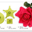 em green plastic icing cutters on a chart showing sizes of each cutter. Along with a spray of roses made of icing, showcasing the cutters end product