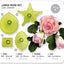 Jem green plastic icing cutters on a chart showing sizes of each cutter. Along with a spray of roses made of icing, showcasing the cutters end product