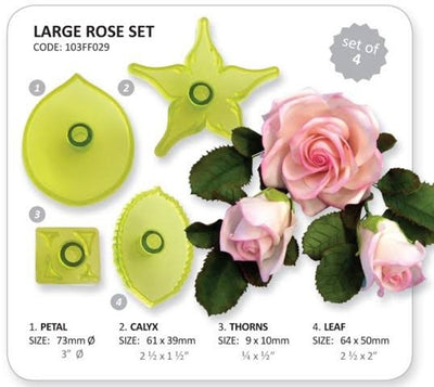 Jem green plastic icing cutters on a chart showing sizes of each cutter. Along with a spray of roses made of icing, showcasing the cutters end product