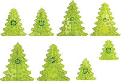 Eight translucent lime green Christmas tree-shaped icing cutters arranged on a plain white background, varying in size.