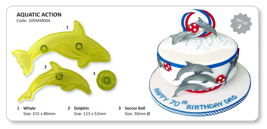 A product listing graphic showing a set of a whale dolphin and ball shaped cutters alongside a decorated example cake. The left side displays the three pieces labeled Whale, Dolphin, and Soccer Ball with sizes, and the right side shows a white birthday cake with blue and red details decorated with two gray dolphins.