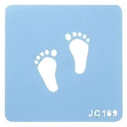 A square light blue stencil with rounded corners featuring a  baby footprint icon in the center and the text 'JC169' in the bottom right corner.