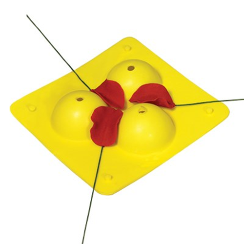 A yellow square plastic stand with three rounded domes, shown with red rose petals placed inside the center, on a plain white background.