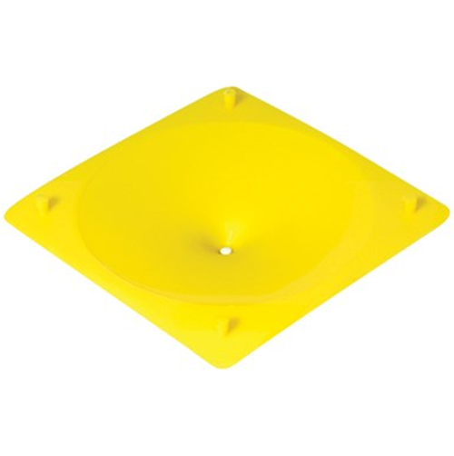 A bright yellow square plastic gumpaste flower former by Jem with rounded corners and a circular recessed center, shown on a plain white background.