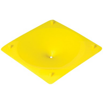 A bright yellow square plastic gumpaste flower former by Jem with rounded corners and a circular recessed center, shown on a plain white background.