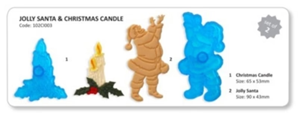 Jem Santa and Christmas candle cutter set for gumpaste, Alongside icing examples of the finished pieces