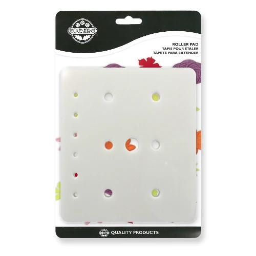 A white rectangular roller pad with multiple circular cutouts, packaged in a clear blister pack with a black header card. The packaging has the brand name 'Jem' and the text 'ROLLER PAD' and 'QUALITY PRODUCTS'.