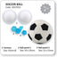 Soccer ball panel set with two white circular formers, two blue hexagonal cutters, and a sample soccer ball showing black and white panels, labeled with sizes and part numbers on a white background.