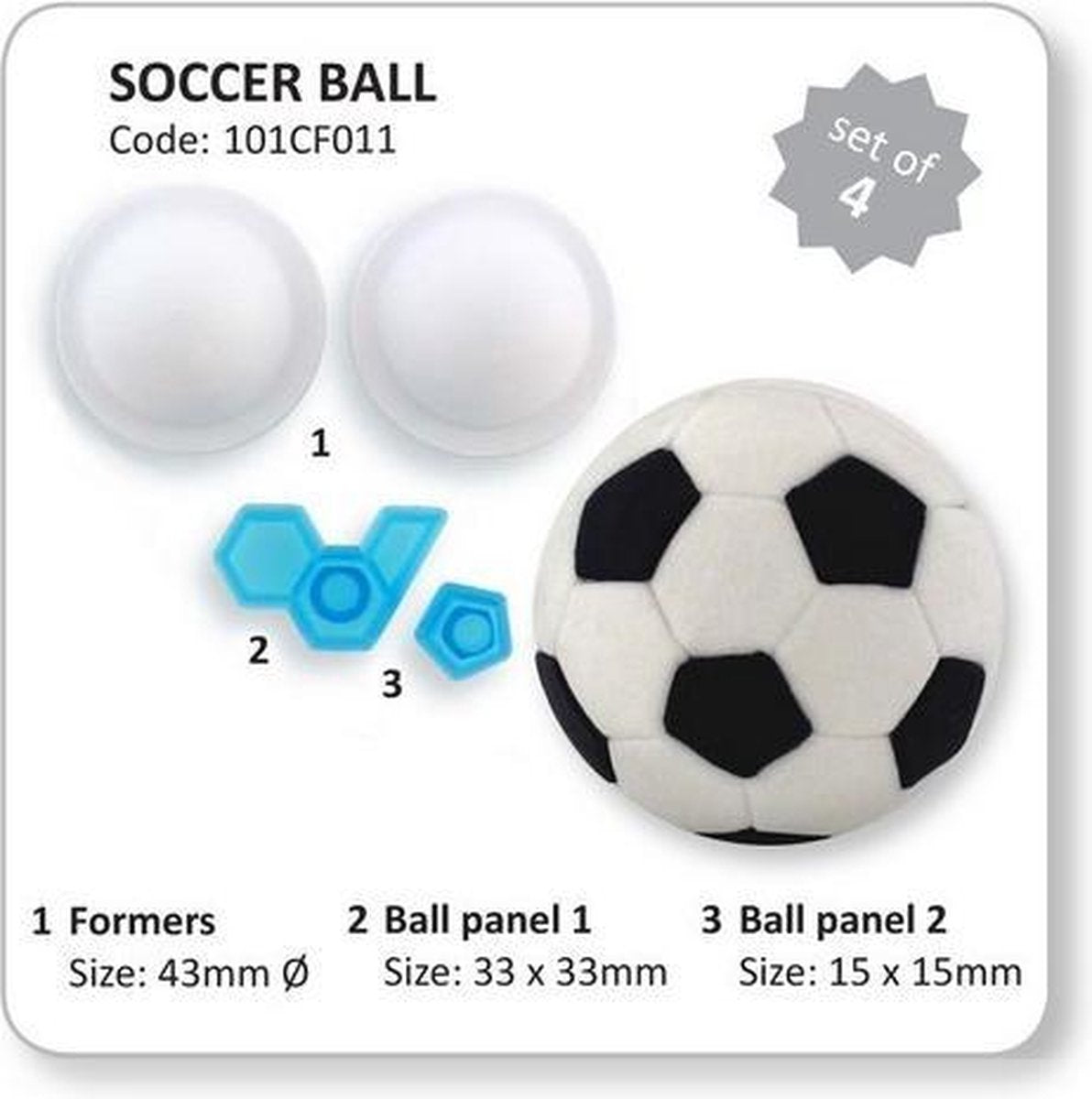 Soccer ball panel set with two white circular formers, two blue hexagonal cutters, and a sample soccer ball showing black and white panels, labeled with sizes and part numbers on a white background.