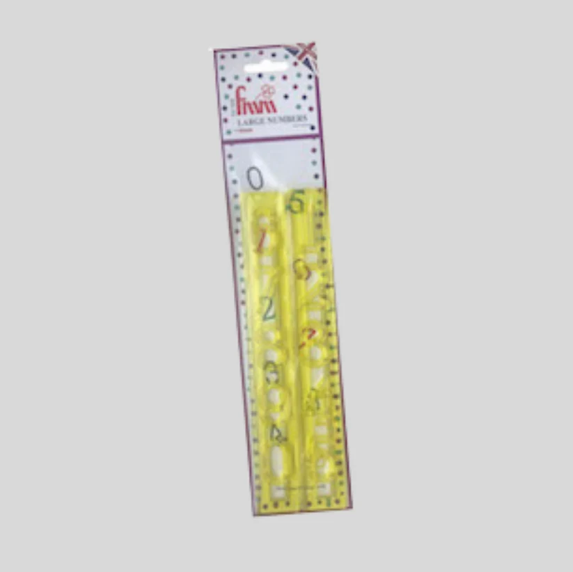 A package of 'Fmm' brand large numbers, featuring yellow plastic number cutouts with colorful printed symbols, in a clear plastic sleeve with a white header card.