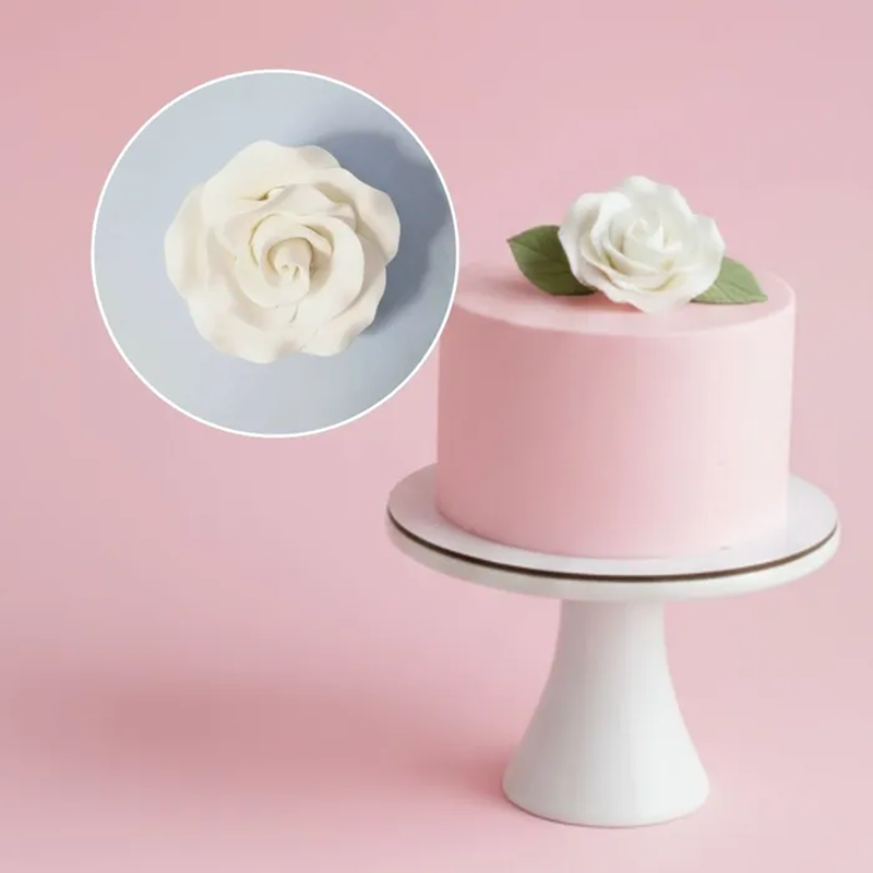 Pink cake with white rose decoration on a pink background