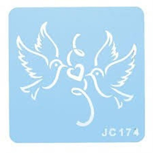 A blue stencil with code jc174 with two lovebirds or doves facing each other with a ribbon and heart motif
