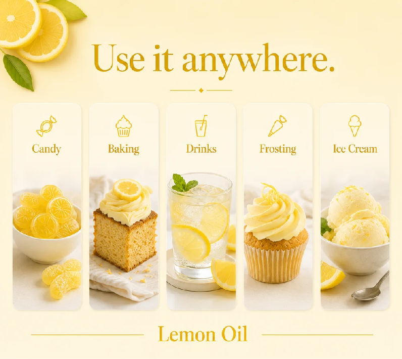 A promotional graphic for lemon oil on a pale yellow background. The top text reads 'Use it anywhere.