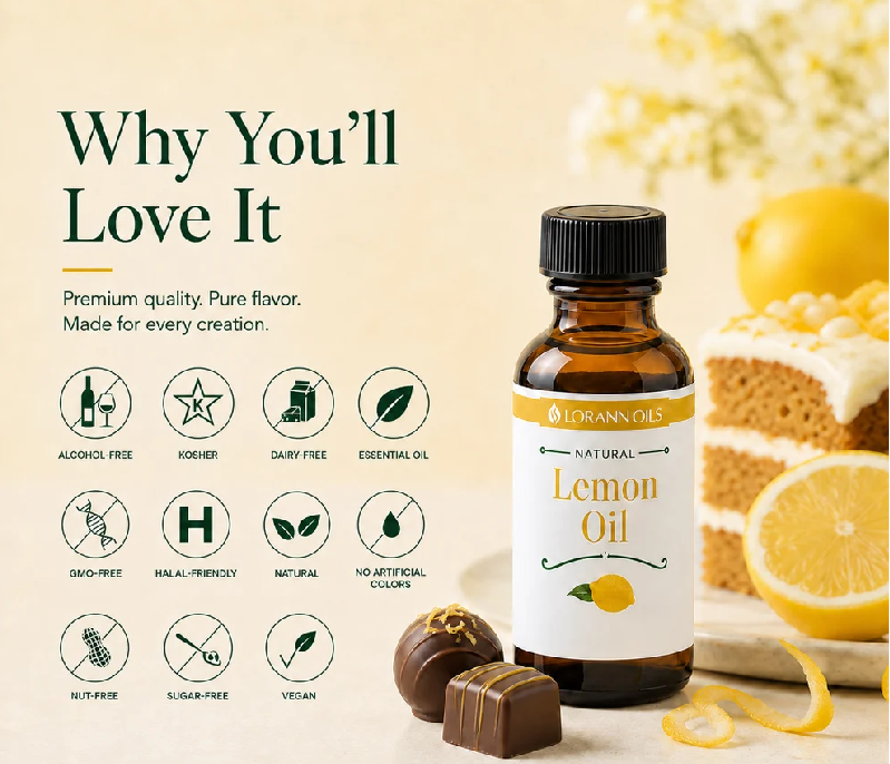 A bottle of Lorann Oils Natural Lemon Oil displayed on a warm beige background with promotional text, ingredient icons, and lemon-themed food props including a lemon slice, a lemon cake, and chocolate candies.