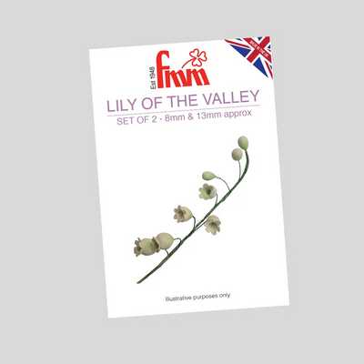  'Lily of the Valley' by Fmm, shown at a slight angle on a solid gray background. The white packet features the red and purple Fmm logo, a small Union Jack flag, and an illustration of a lily of the valley stem with pale green flowers.