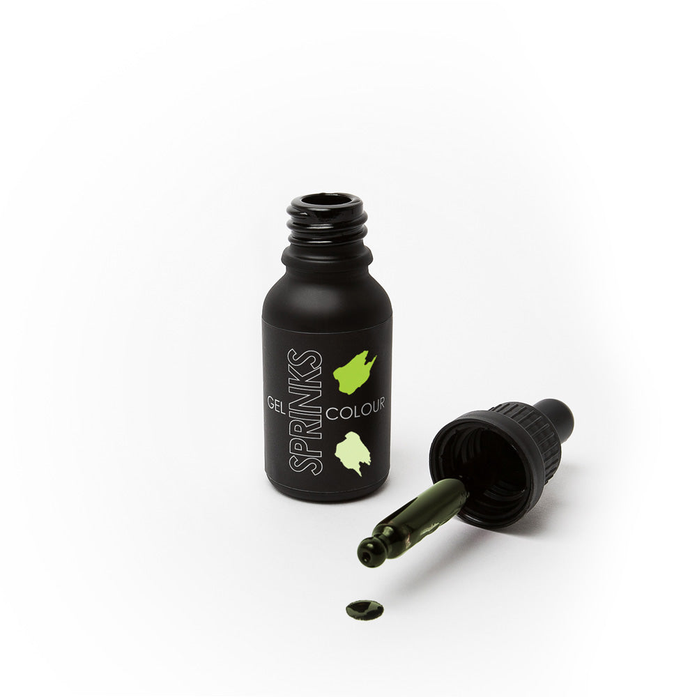 Black bottle of Sprinks gel color with dropper on a white background